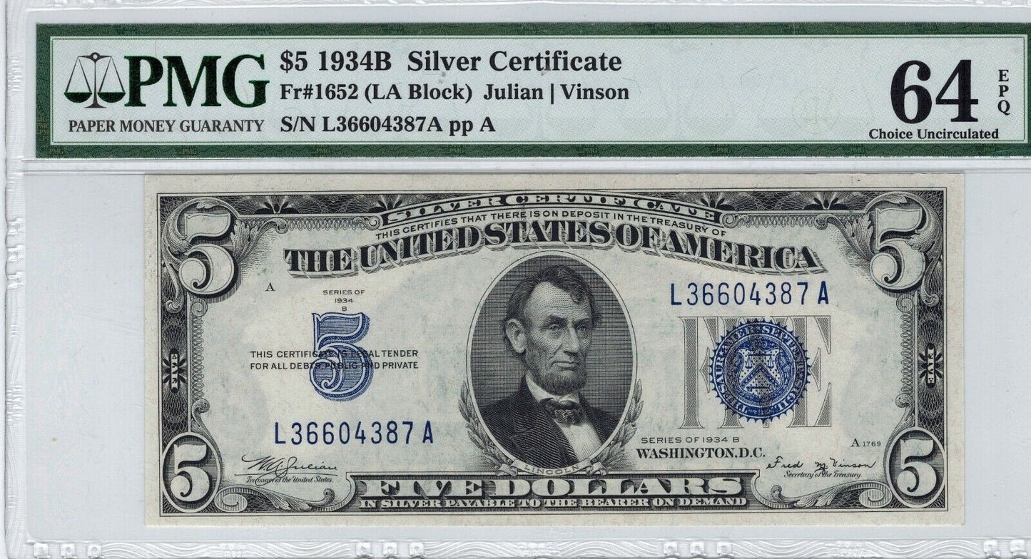 1934B $5 PMG CU 64 EPQ Silver Certificate L-A Block FR#1652 ☆☆ Choice 411