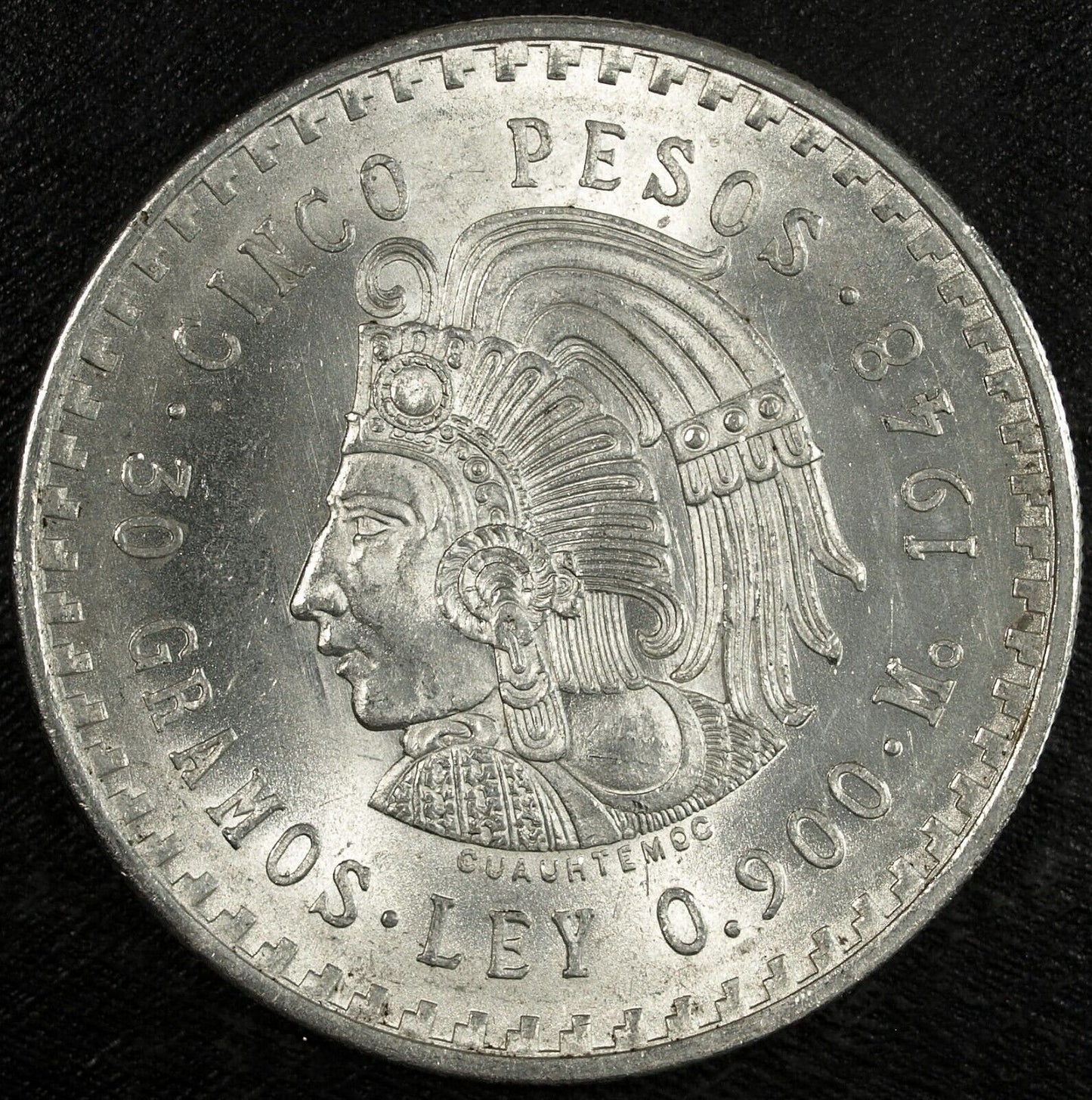 1948 Mexico Cinco 5 Pesos Silver Aztec Cuauhtemoc Uncirculated ☆☆ 608