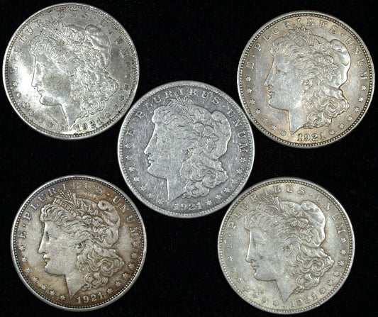 Lot of 5 1921 Morgan Silver Dollars ☆☆ Circulated ☆☆ Great Set Filler 121